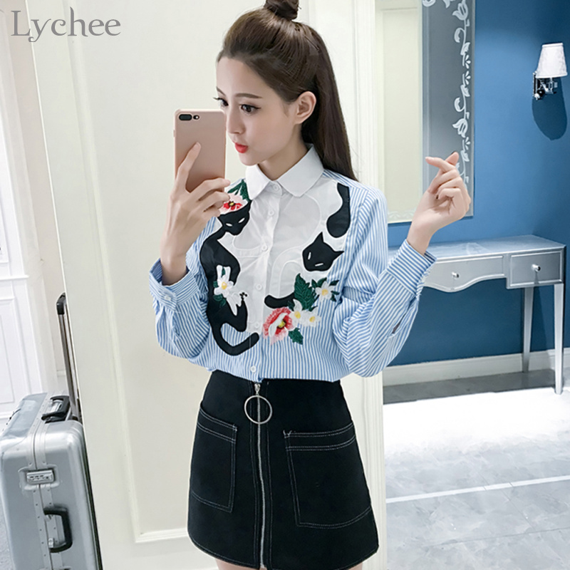 Lychee Mori Girl Women Blouse Cat Flower Embroidery Stripe Casual Loose Long Sleeve Spring Autumn Shirt Tops