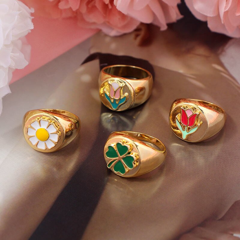 Voel Emaille Daisy Tulp Schildpad Vlinder Ringen Punk Plant Dier Goud Kleur Metalen Ringen Voor Vrouwen Sieraden