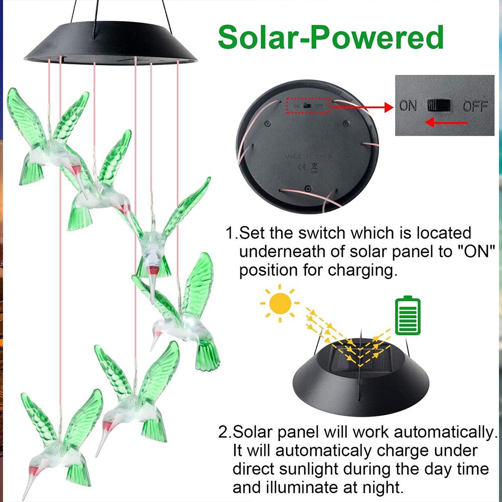 słoneczny koliber dzwonek wietrzny zmiana koloru wisząca lampa słoneczna na zewnątrz wodoodporny dzwonek wietrzny solarne lampki doprowadziło dekoracja