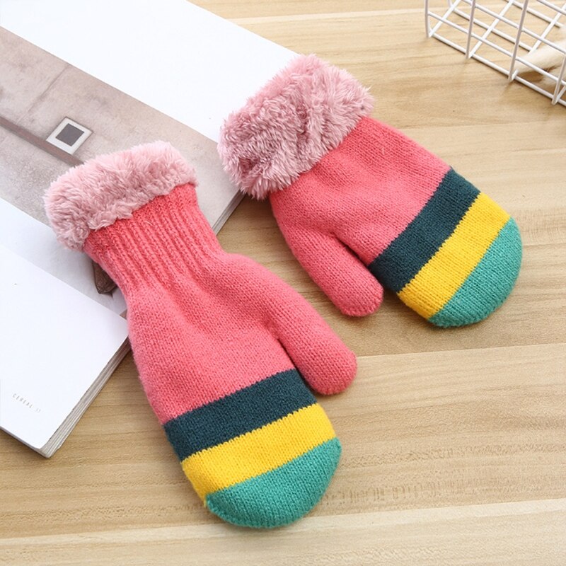 Enfant en bas âge enfants hiver peluche doublé doigt complet mitaines arc-en-ciel rayé tricoté thermique temps froid mitaines chauffe-mains