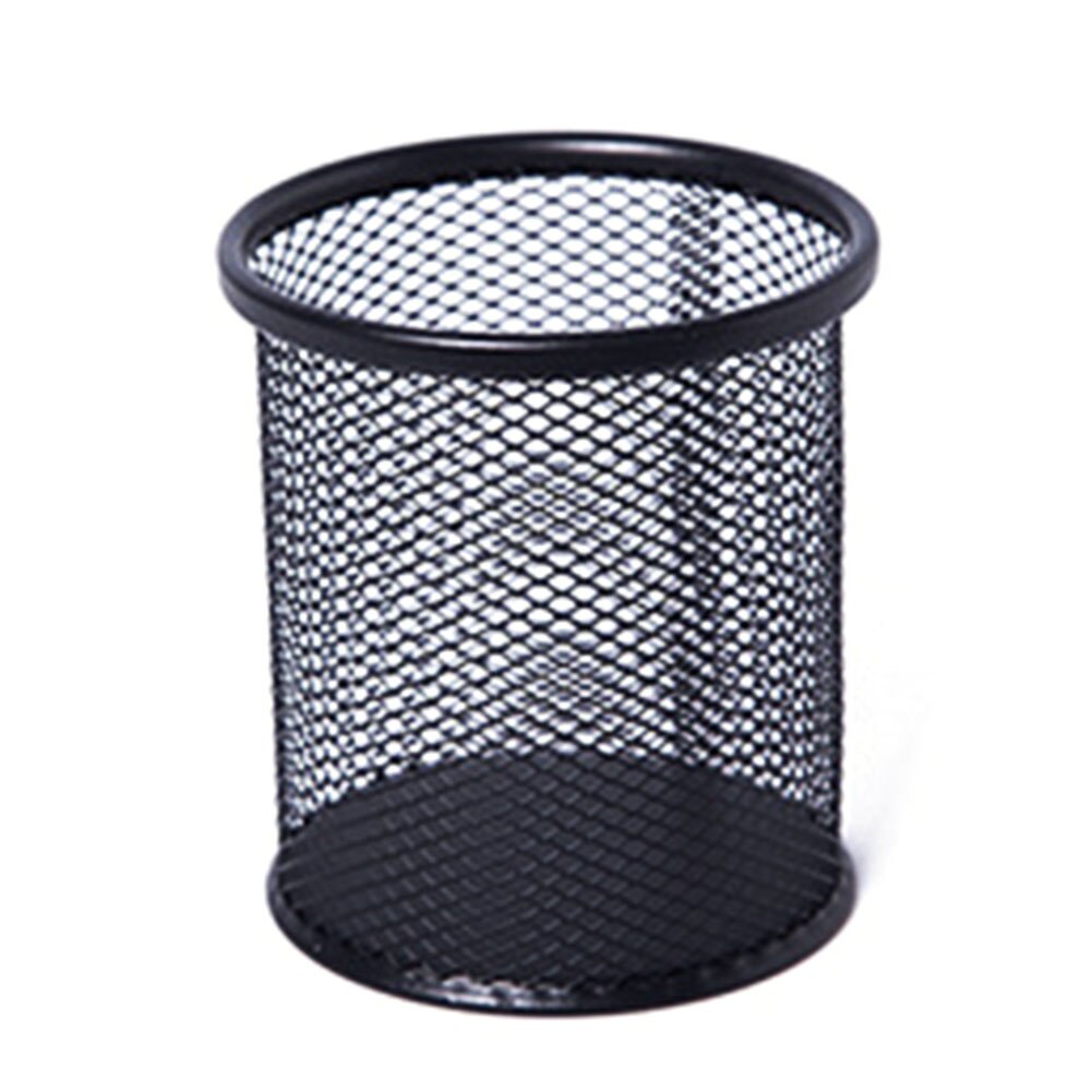1Pcs Pencil Holder Office Desk Metal Mesh Square Pen Pot Cup Case Container Organiser Durable Pencil Case: Black  Round