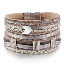 Flashbuy-pulsera de cuero de flecha de aleación trenzada Simple para mujer, brazaletes bohemios de envoltura ancha, , joyería al por mayor