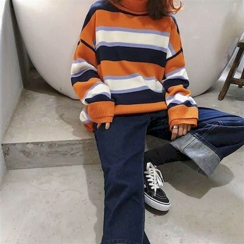 Tröjor par toppar höst vinter tjock varm randig tröja ledig turtleneck tröjor stickad tröja dam klädsel toppar: Orange / S