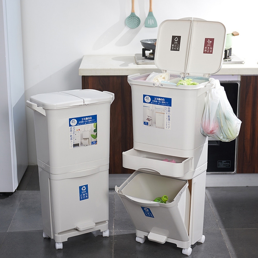 Garbage Classification 45L/48L 3 Layers Plastic Trash Bin Home Kitchen Garbage Classification Can with Wheels Garbage Storage