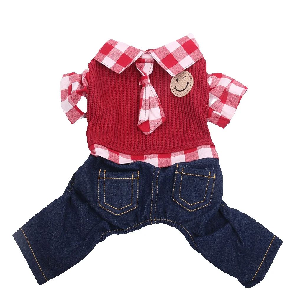 Dog Cat Jumpsuit Sweater Plaid Bowtie Pet Puppy Coat Jacket Autumn/Winter Clothes Overalls: L / Red