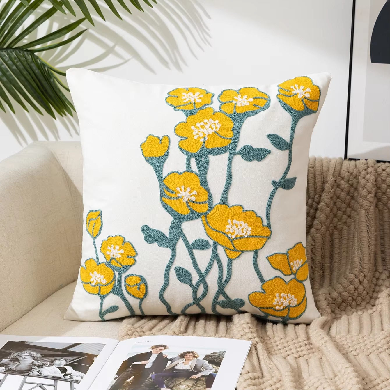 45X45CM Bloem Geborduurde Sierkussen Cover Plant Handdoek Moderne Stempelen Taille Kussenhoes Decor Home Decoratieve kussensloop: Oranje