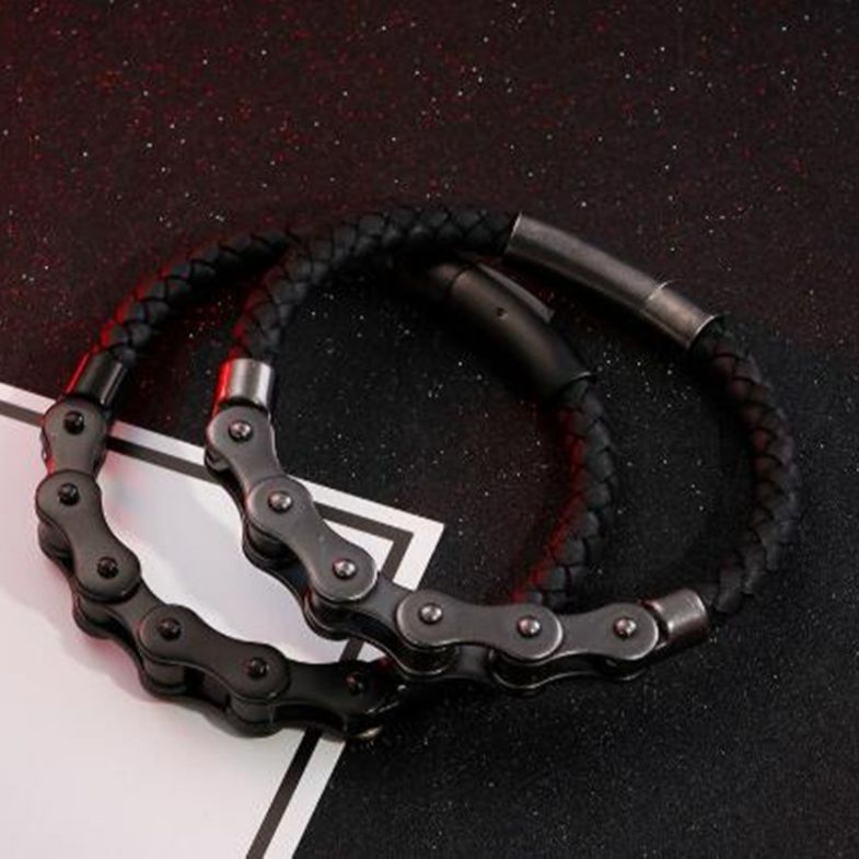 Punk Schwarz Edelstahl Fahrrad Kette Leder Armband männer Rock Partei Biker Schmuck
