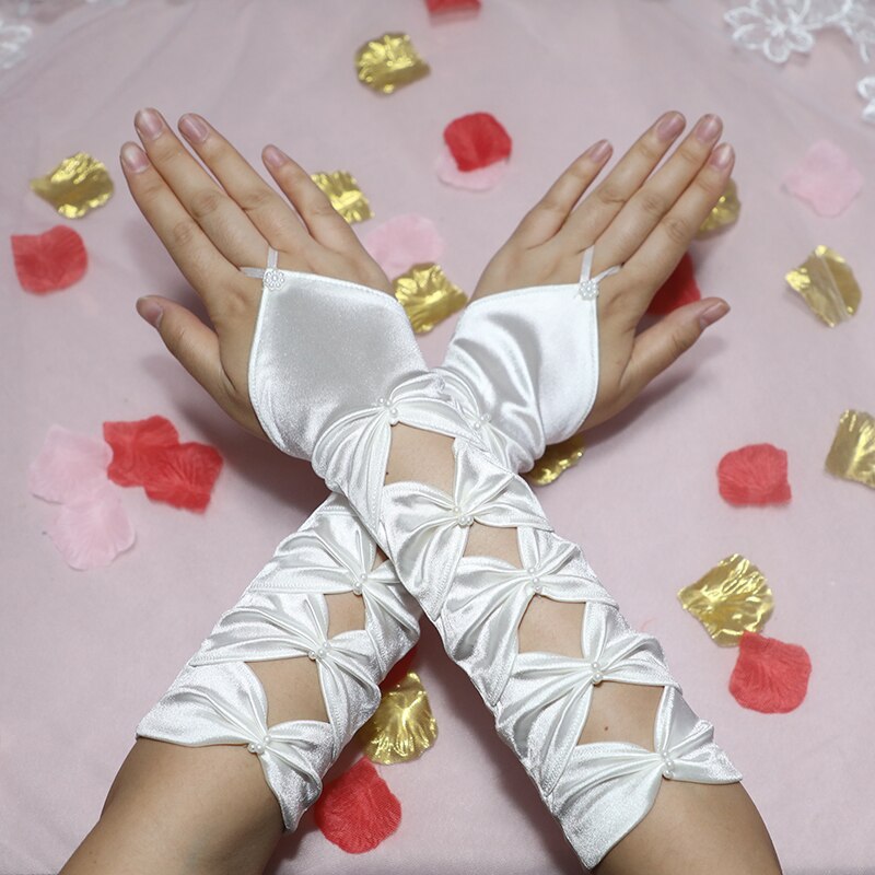 Guantes largos de satén plisados con lazo para mujer, manoplas para novia, color verde, elásticos, sin dedos, para noche, , graduación, color azul: ivory