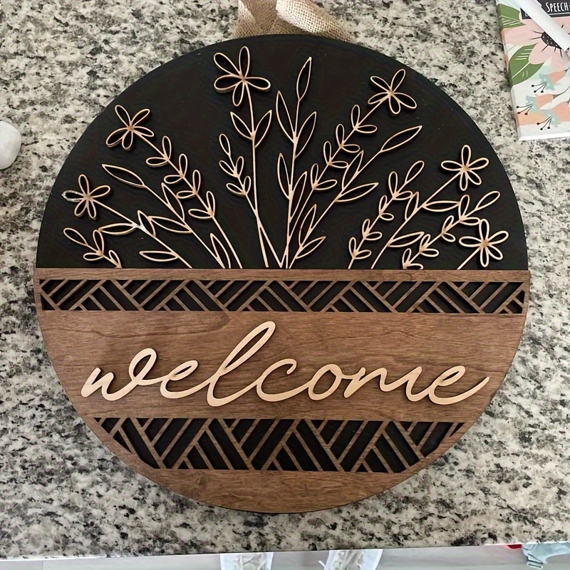 8-calowy drewniany okrągły znak powitalny z kwiatowym motylkowym wzorem Kolorowy nadruk 2D Tablica na drzwi Kawiarnia Dekoracja prezentu: Złote