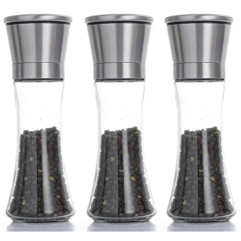 Molinillo de pimienta de 180/200ML, botella de especias de vidrio de acero inoxidable, molinillo de sal y pimienta, molinillo de especias Manual, utensilios de cocina para el hogar: Plata