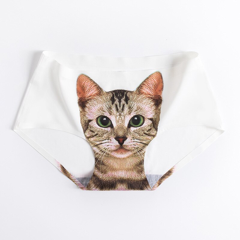 3D Cat Middle Waist Sexy Girl Underwear Cartoon Ice Silk Printed Cat Head Briefs Meow Star Man Thong Panties Underwear Women