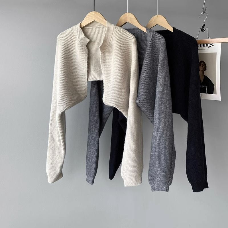 Frans kort gebreid vest met vleermuismouwen trui jas herfst winter minimalistische gelaagde cape