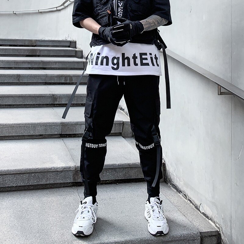 Pantalones Cargo con cintas para Hombre, ropa urbana informal, estilo Harajuku, Hip Hop, gótico, color negro