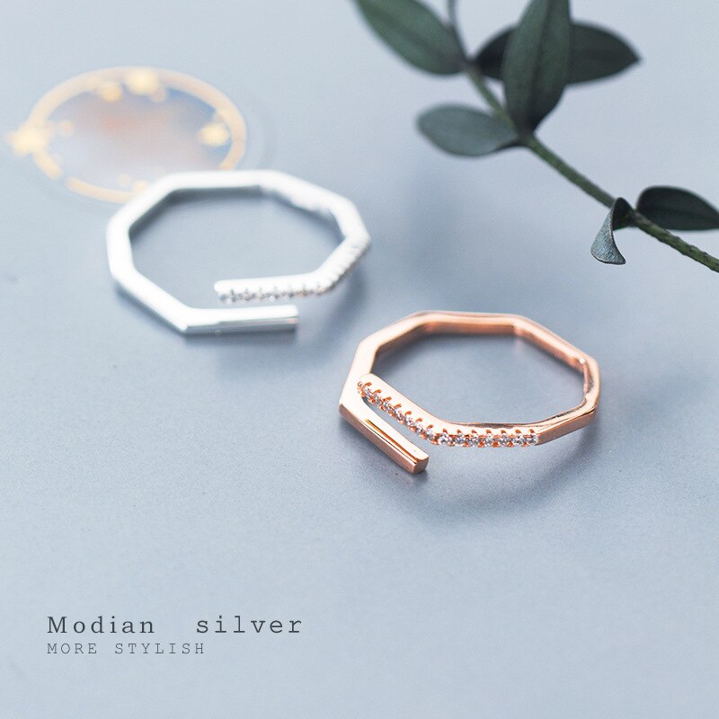 Modian Authentic 925 Sterling Silver Shining Zircon Geometric Polygon Line Open Adjustable Finger Ring for Women Fine Jewelry