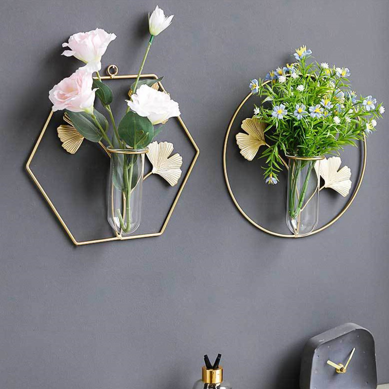 Metal Wall Vase Cylinder Flower Pot Gold Frame Wall Vase For Artificial Flower Glass Vase Wall Mount Flower Vase Home Wall Decor