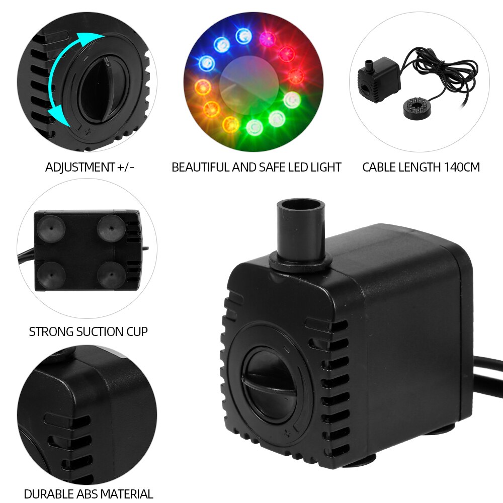 Ultra-quiet USB Water Pump with Power Cord Waterproof Fountain with 12 LED Light for Garden Water Pump Aquarium Fountain