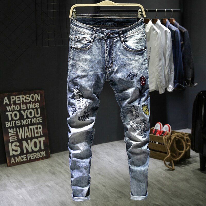 Mænd revet hip hop broderi slim fit joggers jeans afslappet streetwear mand bomuldshuller motorcykel denimbukser: 28