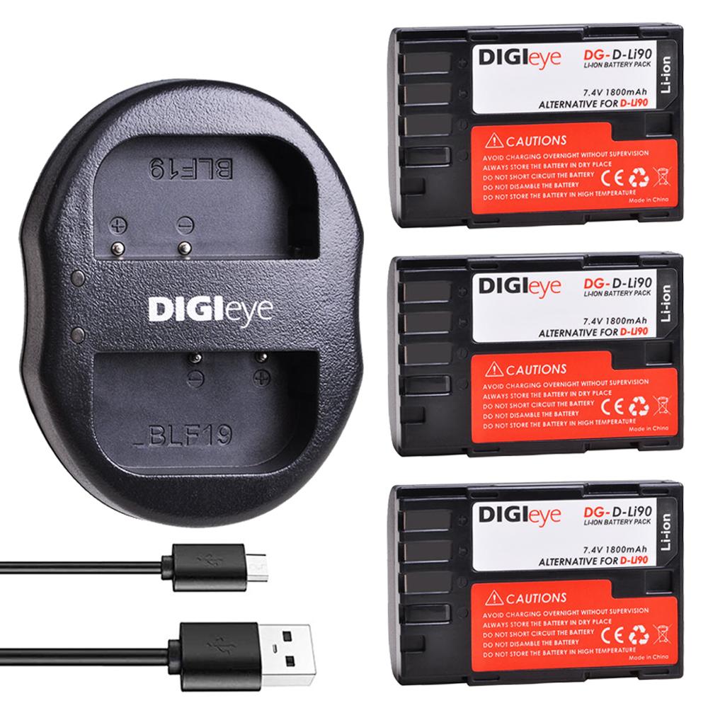 D-Li90 D Li90 Dli90 Batterijen + Dual Usb Lader Voor Pentax 645D 645Z K-01 K-3 K-5 K-5II K-5IIs K-7 Digitale camera: 3 battery set