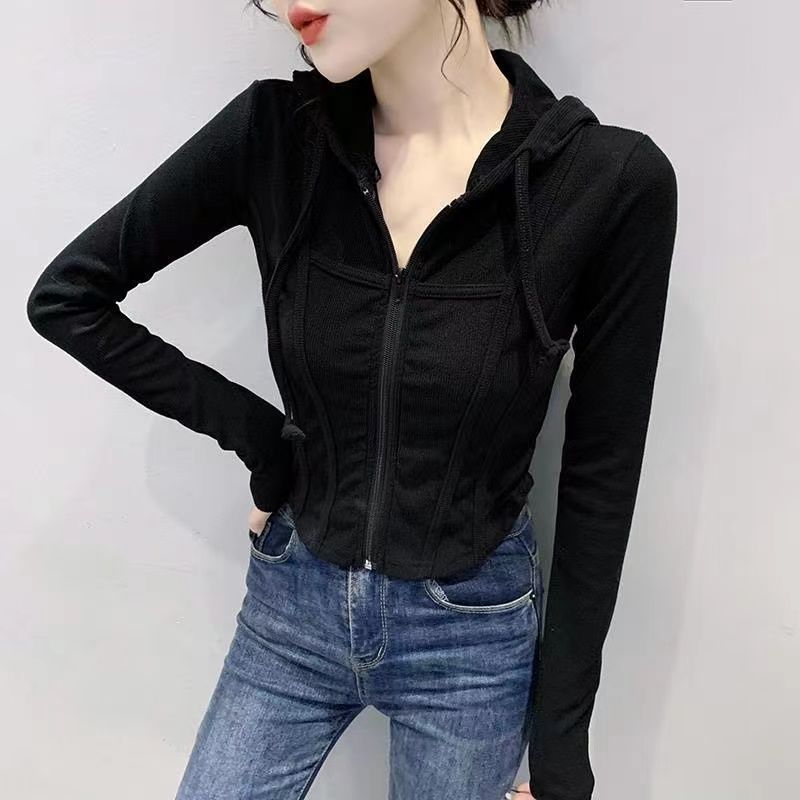 Spring Autumn Slim Patchwork Zipper T-shirt Lady Long Sleeve Solid Color Hooded Top Women Casual All-match Cardigan Tees: S / black