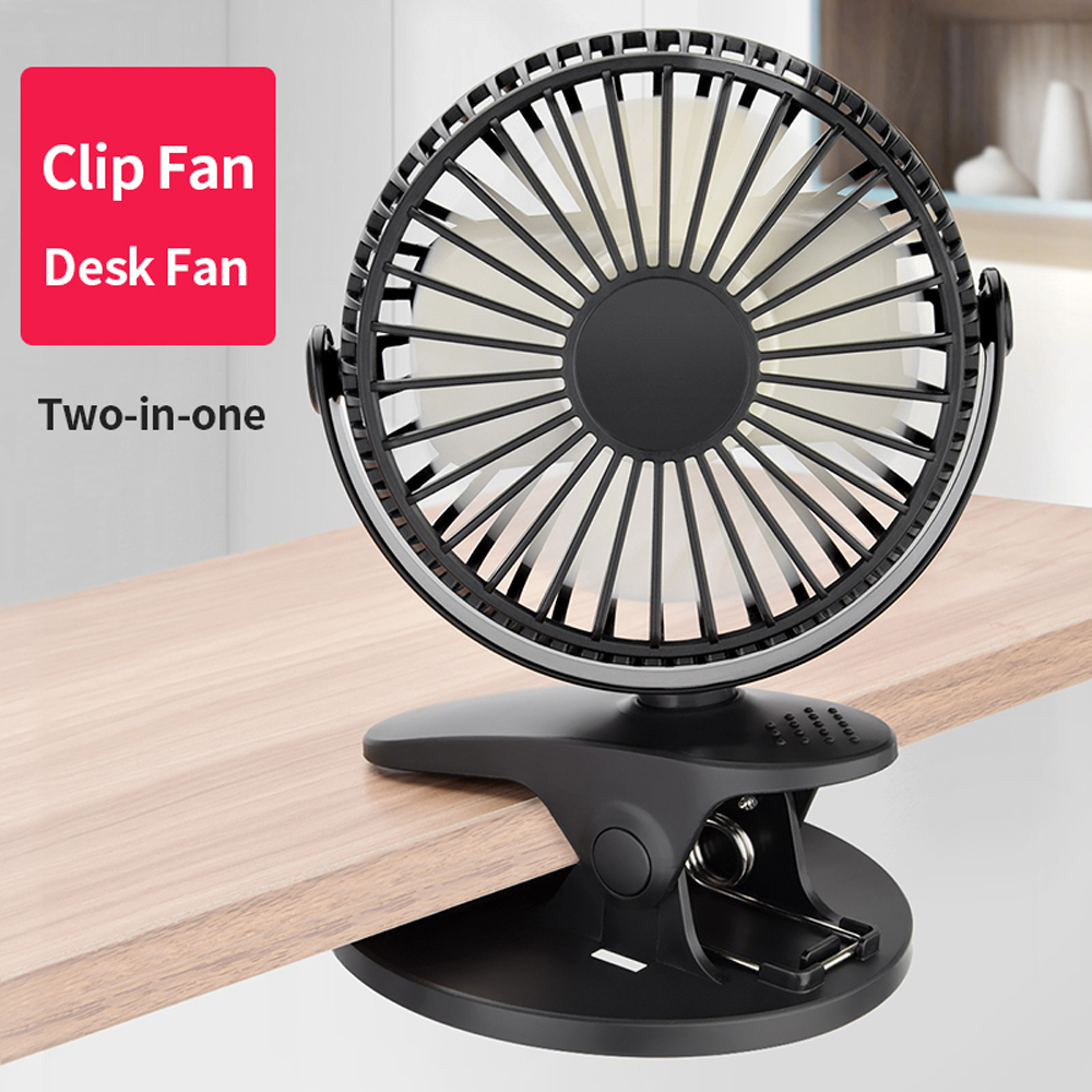 360° Rechargeable USB Clip On Mini Desk Fan Black Portable Table-Top Fan Fully Adjustable Head Quiet for Office Home: black no battery
