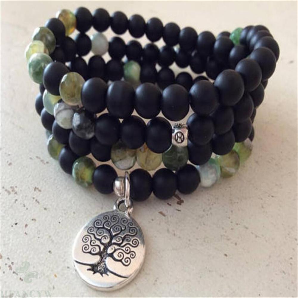 6mm Black Stone Indian Life Tree Pendant Necklace Wrist Meditation Cuff Yoga Bracelet Handmade Chic Bless