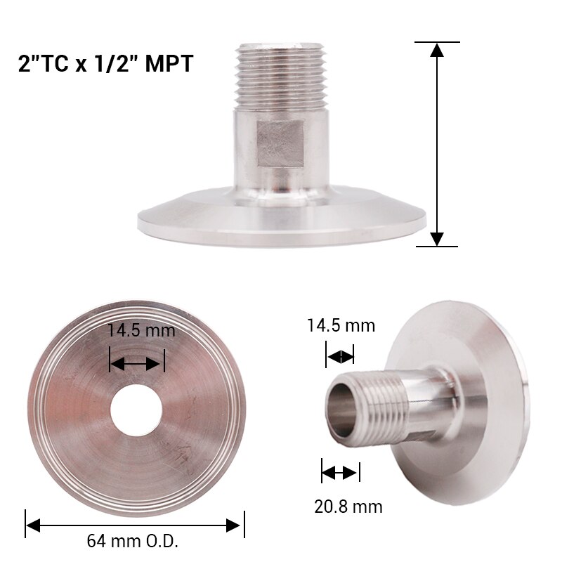 2" Tri-Clamp x 1/2" MPT 64mm OD SS 304 Sanitary Brewer Hardware, Homebrew Clover Fitting