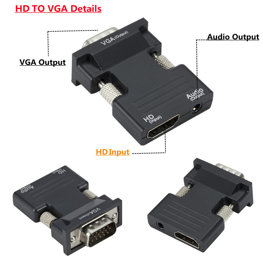 HDMI-compatibel met VGA-adapter met 3.5mm audiokabel voor pc laptop tv-monitor projector 1080p hd vrouw naar vga mannelijke converter