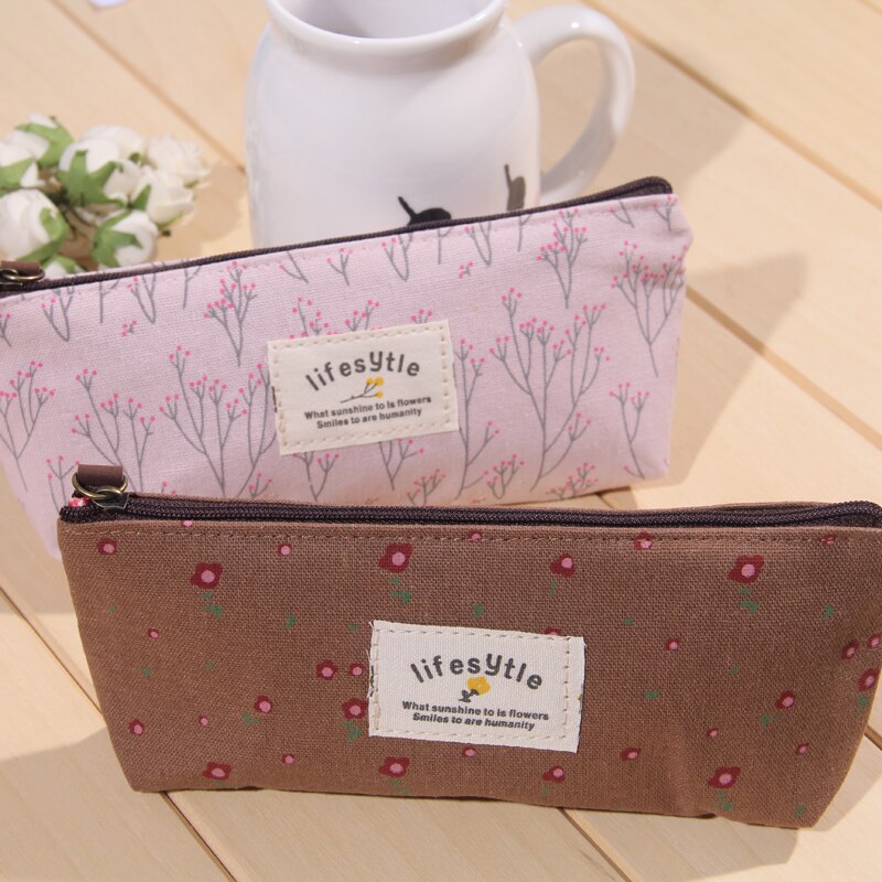 Cute Kawaii Floral Flower Canvas Zipper Pencil Cases Fabric Flower Tree Pen Bags School Supplies