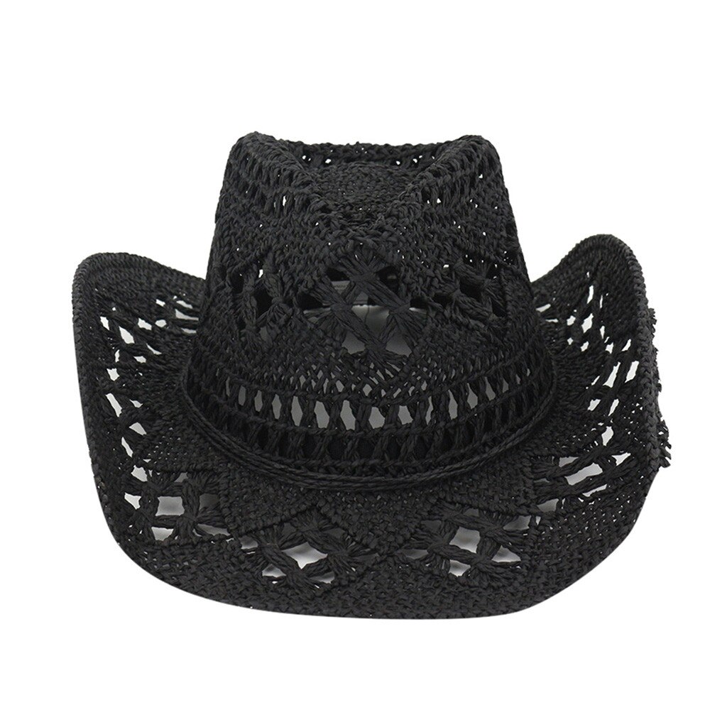 Straw Western Cowboy Hat Hand Made Beach Sunhats Party Sun For Man Woman Curling Brim Cap Sun Protection Unisex Hats: Black