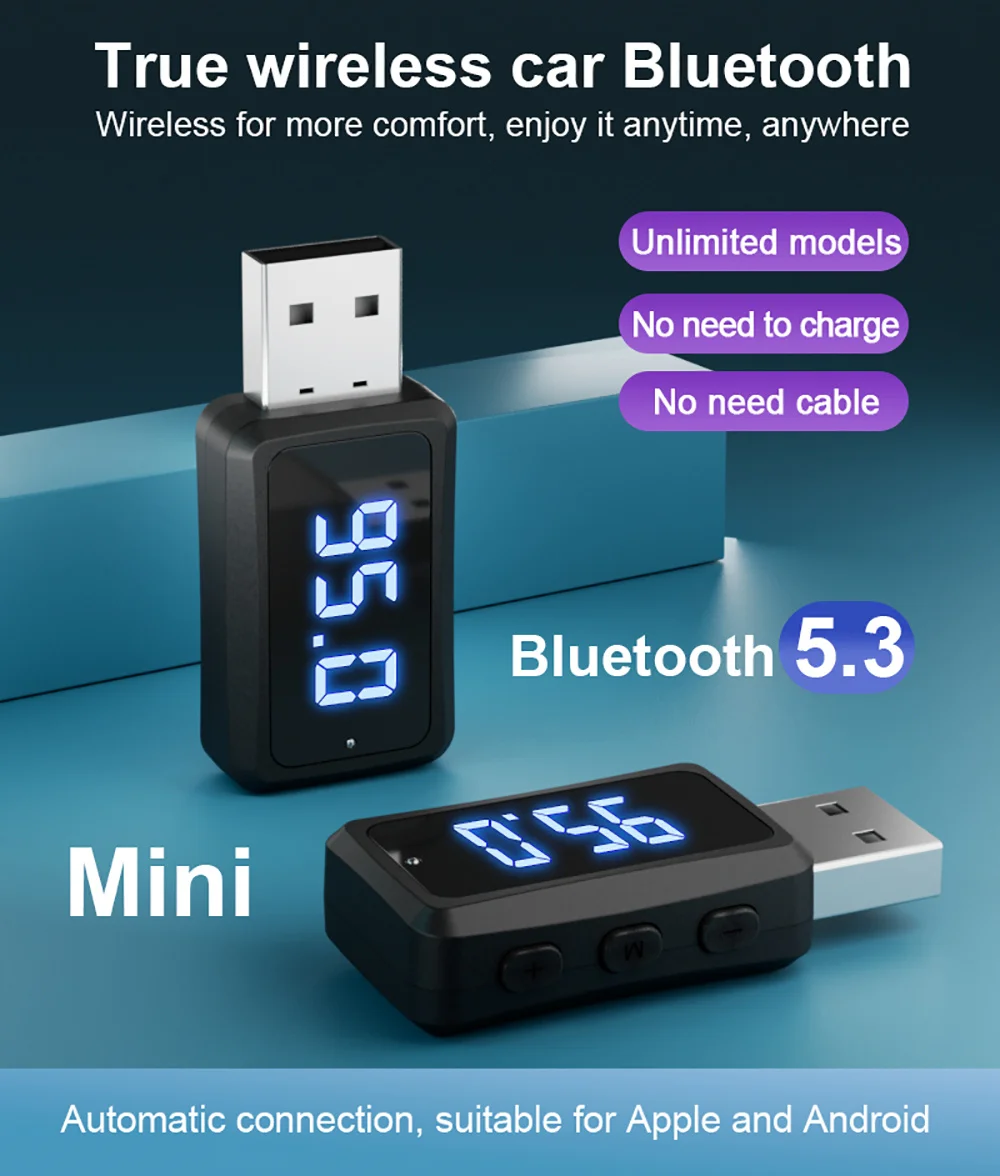 Bluetooth 5.3 Car FM Transmitter Receiver with LED Display USB Wireless Handsfree Call Mini USB Power Auto Fm Radio Car Kit