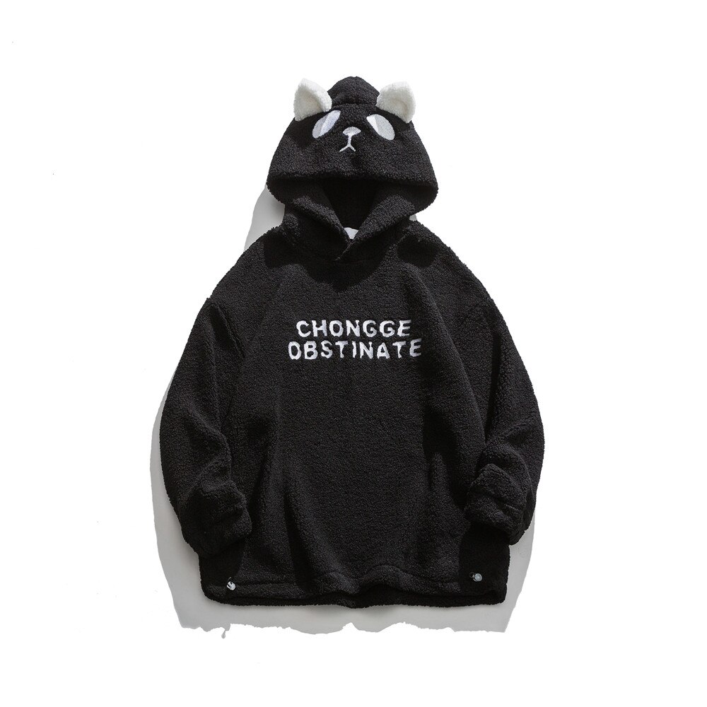 Dark Icon Panda Lovely Sherpa Hoodie Men Women Letters Embroiery Oversized Men's Hoodies Student Hoodie Boy Girl Sweatershirts: black / XL