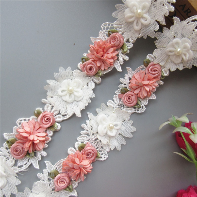 Oplosbare Wit en Roze Parel Rose Bloem Geborduurde Kant Trim Lint Stof Naaien Ambacht Voor Kostuum Hoed Schoenen Decoratie