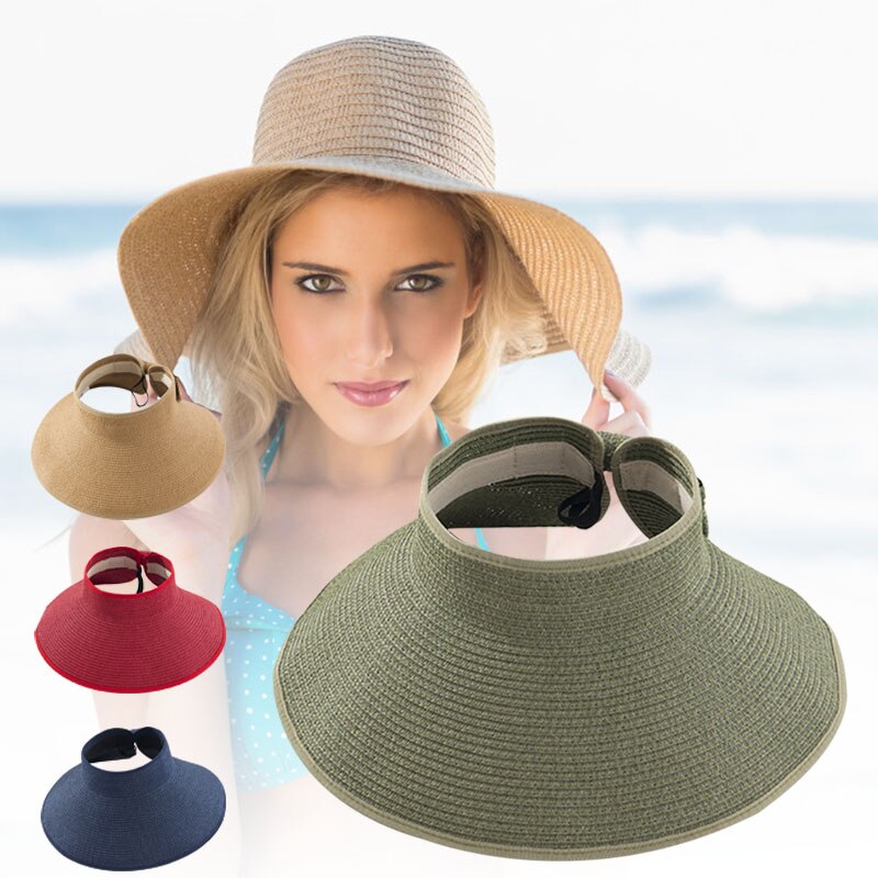 Visera plegable de paja de verano para mujer con bonito lazo, gorro de playa diario, gorro de vacaciones B2Cshop