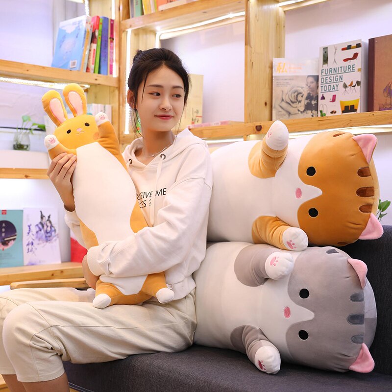 Peluche animaux de dessin animé | Lapin Long et doux, chat chaton jambes, oreiller compagnon de couchage, jouets traversin marron gris 70/90/110cm