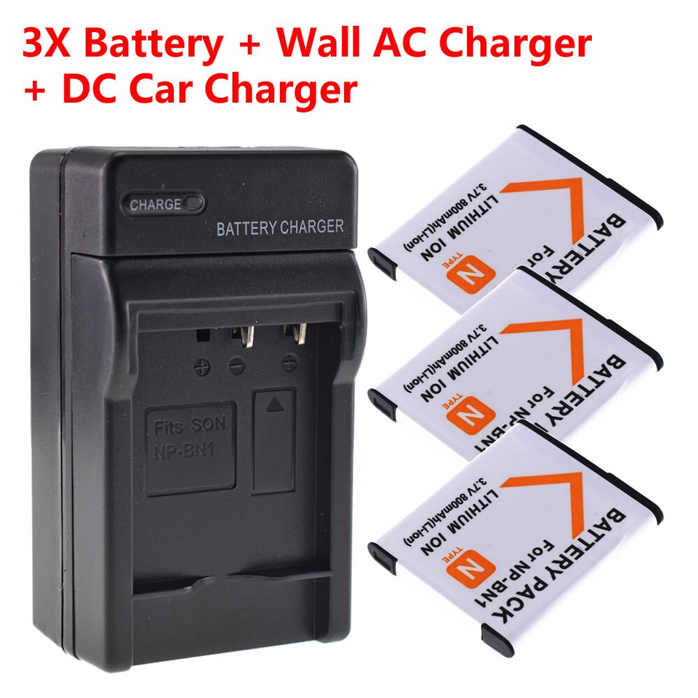 Camera Battery NP-BN1 - 800mAh Li-Ion - Rechargeable - for Sony Cyber-Shot QX WX T Series: 3 Battery Set