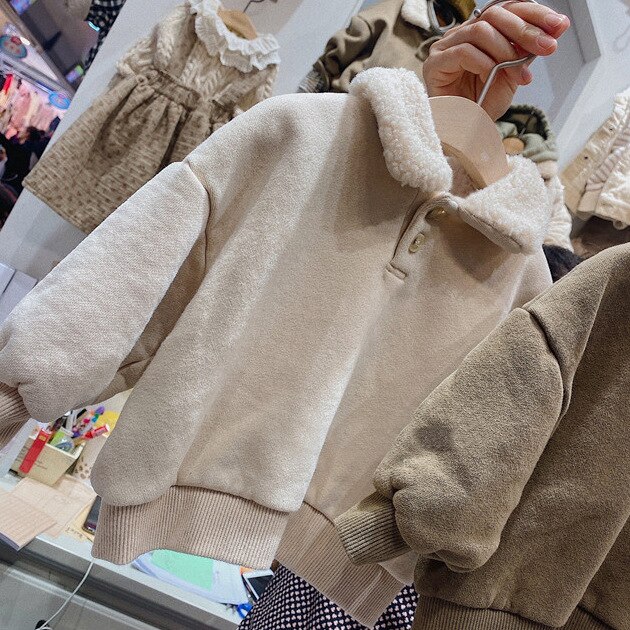 winter Koreaanse losse en veelzijdige fleece katoenen trui wol kraag casual top verdikte en warm: Beige / 2T