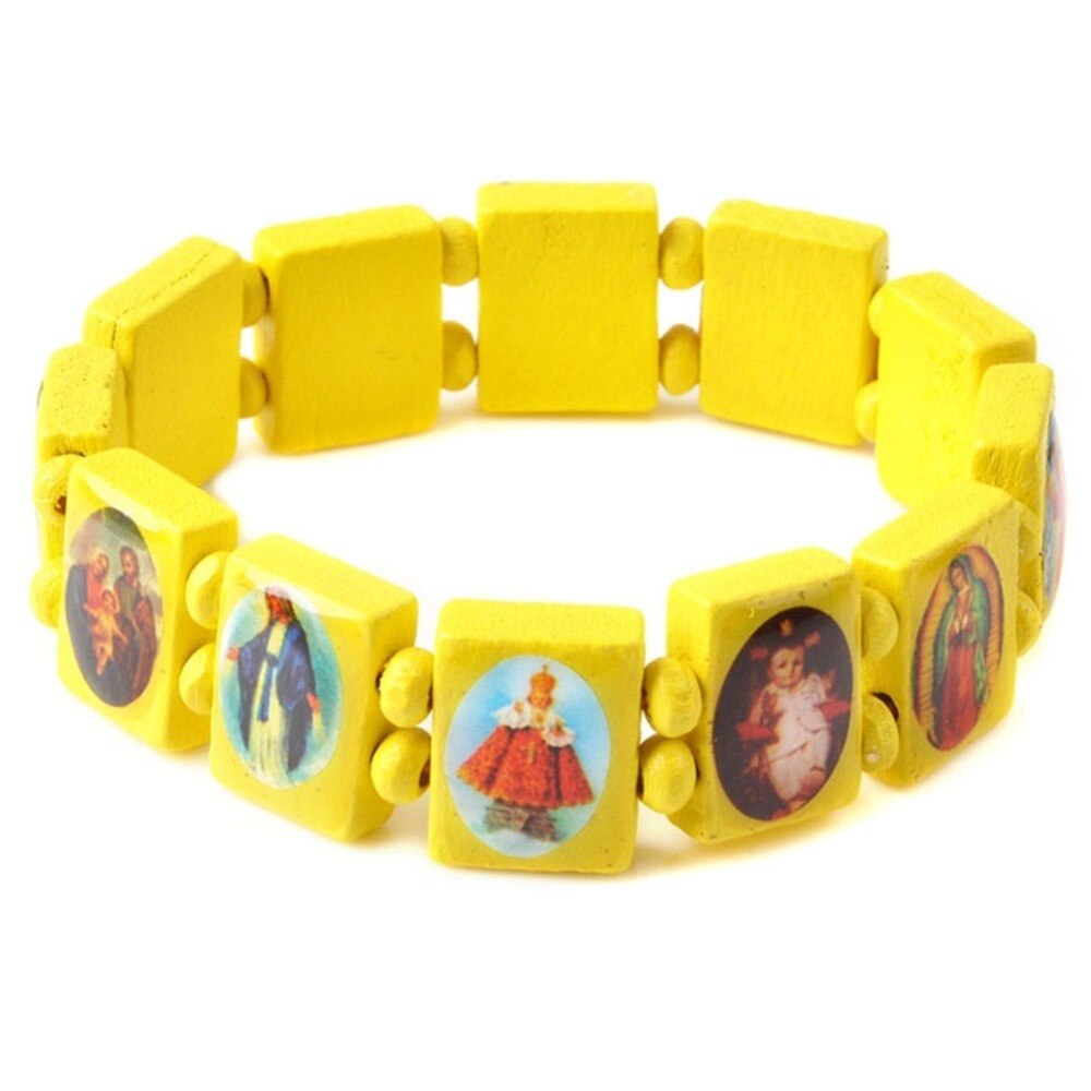 Imixlot Jesus Wooden Saints Rosary Religious Bracelet Angel Bangle Catholic Icon Blessing Jewelry Pulseras Masculina