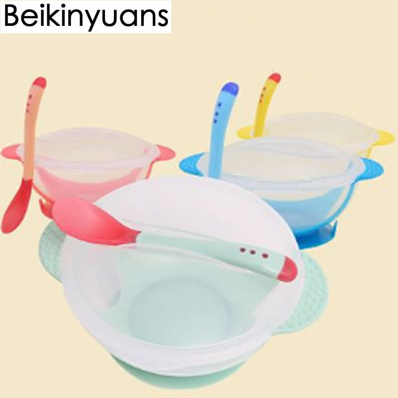 Babybestick 3 stycken / set babysugsservis baby skedskål med temperaturavkänning barnmat matning säker skål servis