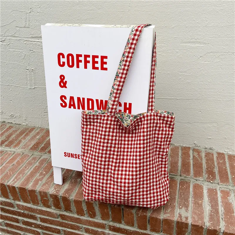 lässig Plaid Blume Frauen Einkaufstasche Große Kapazität Damen Täglichen Tote Handtaschen Baumwolle Tuch doppelseitige Mädchen Schulter Taschen