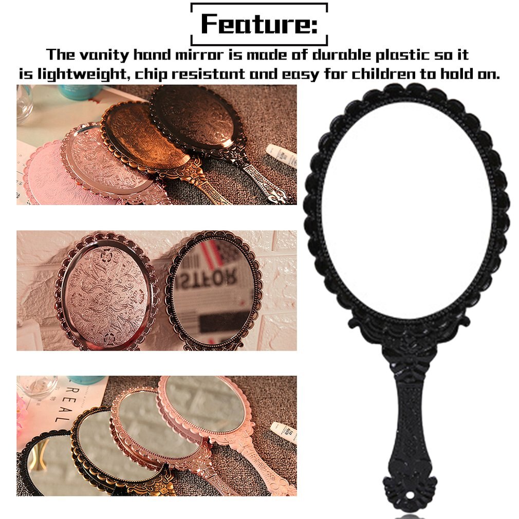 Vintage Handhold Makeup Mirror Pink Repousse Floral Oval Round Cosmetic Hand Held Mirror With Handle For Ladies Beauty Dresser