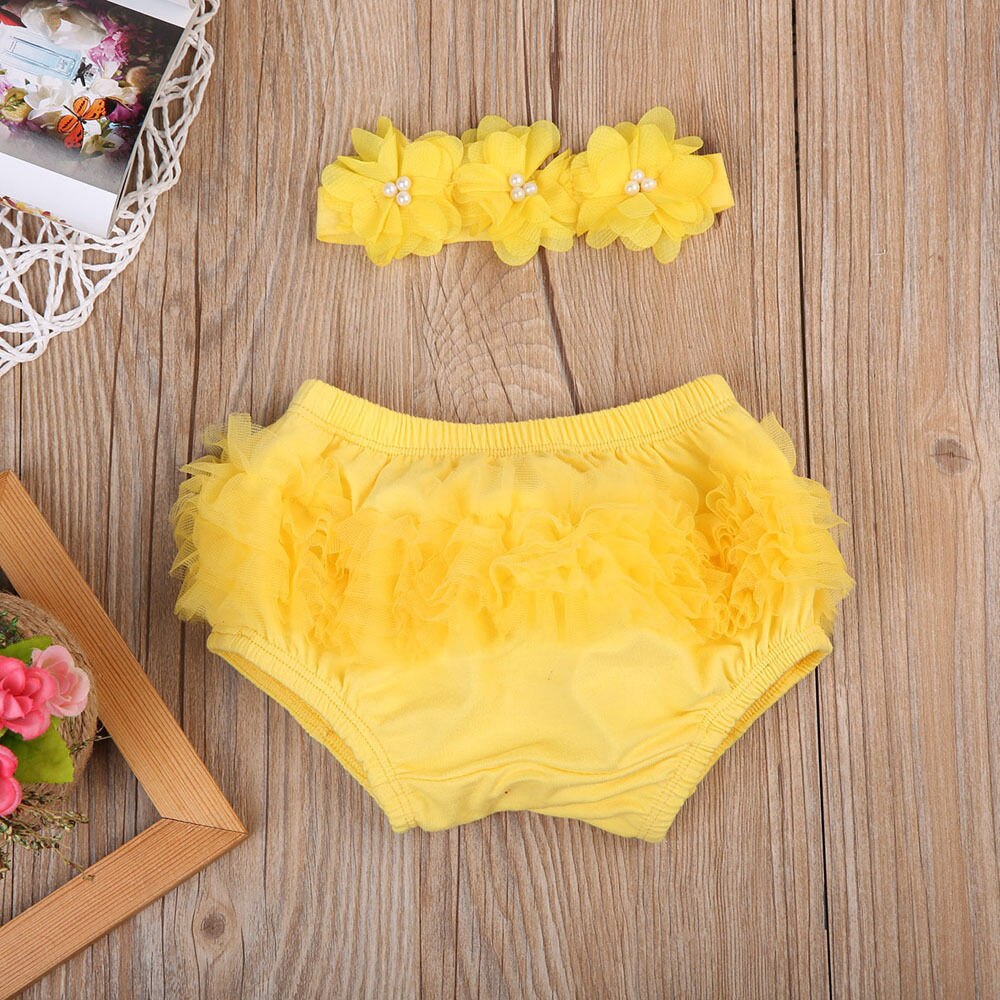 Sød gul pink lilla blonde blomstret bund shorts+pandebånd outfits nyfødt baby pige fest flæser pp trusser tutu shorts sommer: Gul / 24m