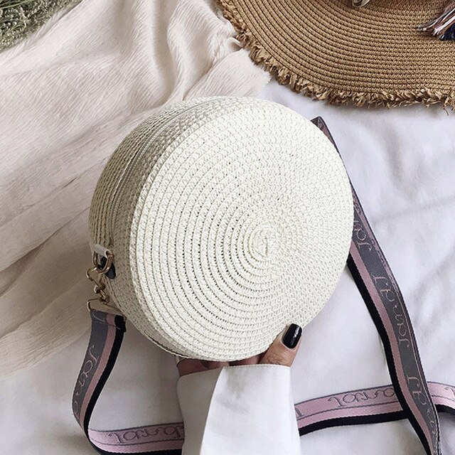 Yogodlns runde stråvesker til kvinner sommerrotting vevd strandveske håndlaget veving crossbody skulderveske bohemia håndveske: Hvit -2