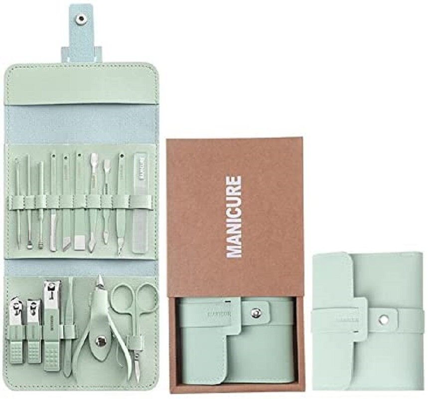 16pcs Nail Cutter Set Makeup Beauty Tool Stainless Steel Nail Pedicure Kit Portable Manicure Scissors Nail Care Tools: Green