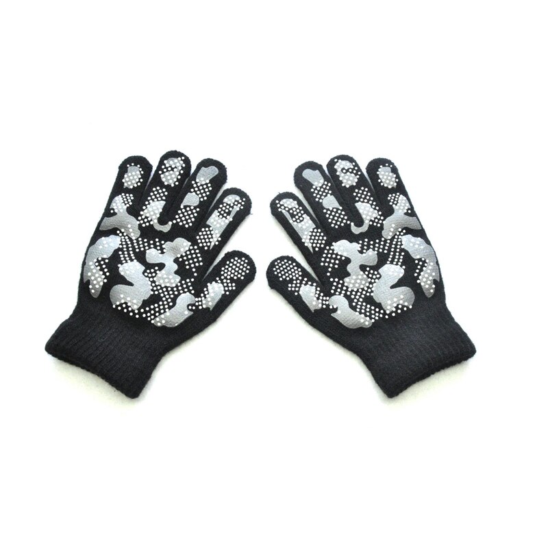 Warmom-guantes de punto cálidos para niños, manoplas antideslizantes de PVC de Color camuflaje para deportes al aire libre, de invierno, para 5-11 años: Negro