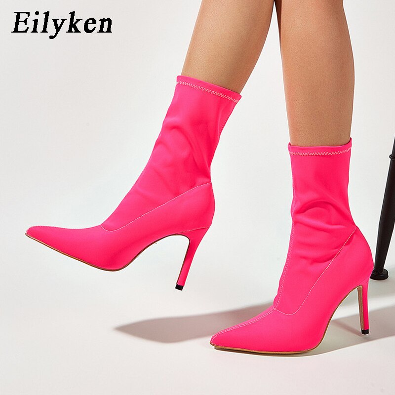Eilyken hiver Stretch tissu bout pointu femmes bottines chaussures talons hauts femme bottes parti chaussures femmes