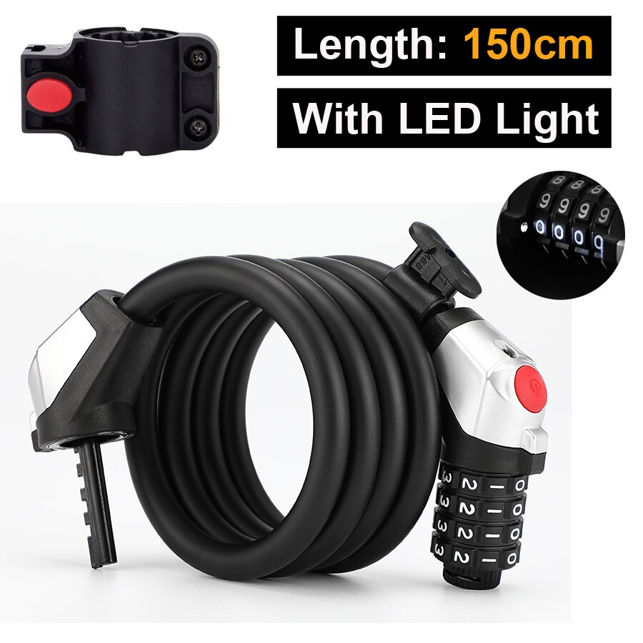 NEWBOLER LED Bicycle Lock MTB Road Bike Wheel Lock Anti-theft Motorcycle Scooter Cycling Password Lock Mount Bicycle Accessories: 150cm
