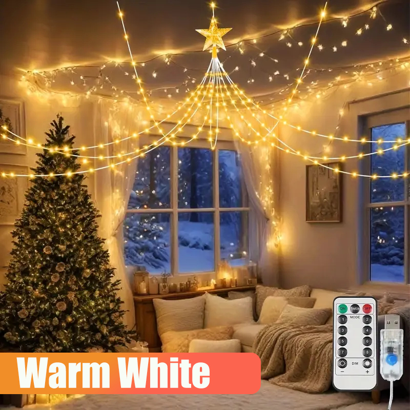 Luces de hadas alimentadas por USB, lámpara de cascada de Navidad impermeable de 280LED, 8 modos de iluminación para decoraciones de árboles de boda de dormitorio interior: green / 300 W