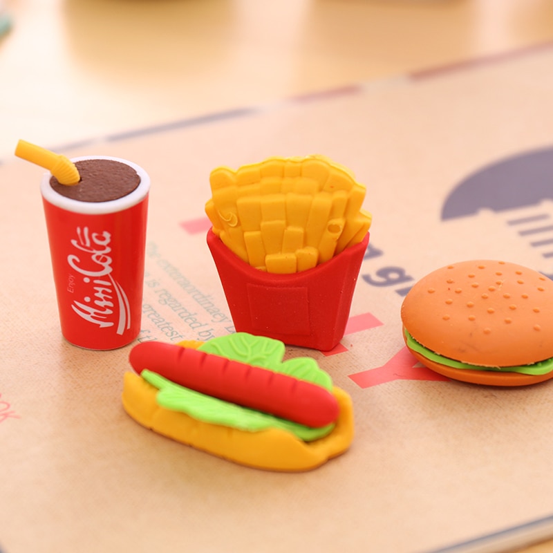 5pcs Cute Kawaii Eraser Hamburger Food French Fries Dog Eraser Office Correction Supplies
