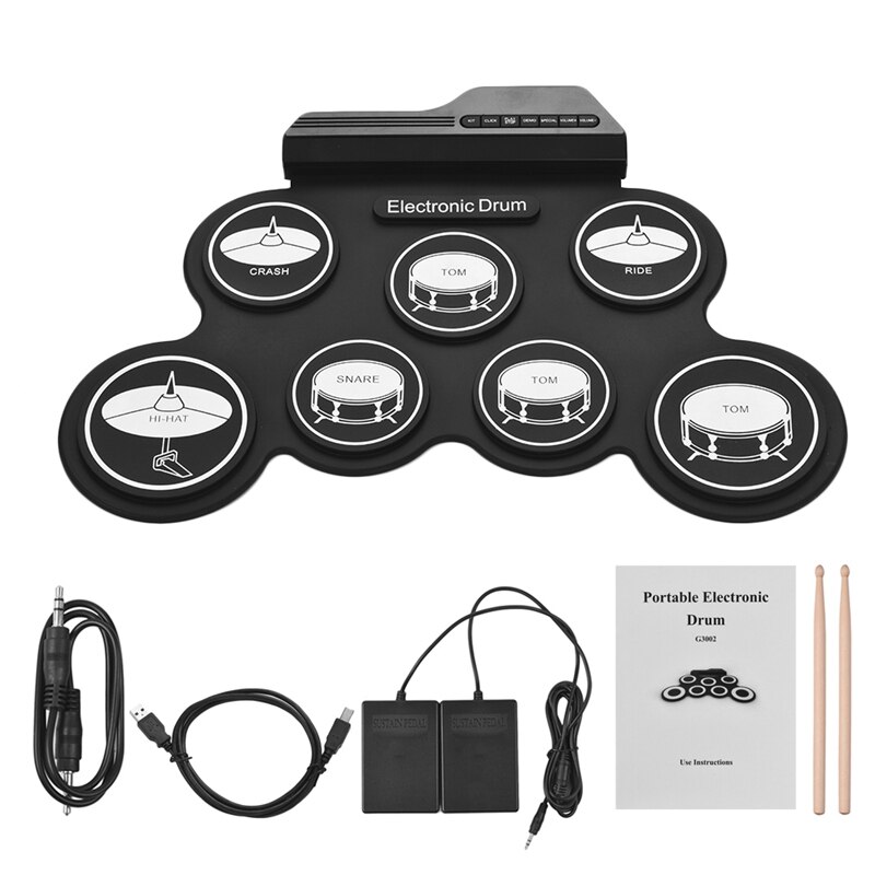 -kompakt storlek usb roll-up silikon trumset digitalt elektroniskt trumset 7 trumkuddar med trumsticks fotpedaler för början