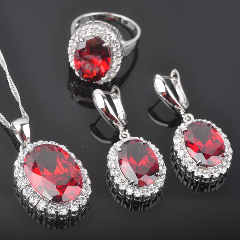 Klassische Rote Zirkon frauen Silber Farbe Kostüm Schmuck Set Crytal Ohrringe Ring Halskette Set QZ0462